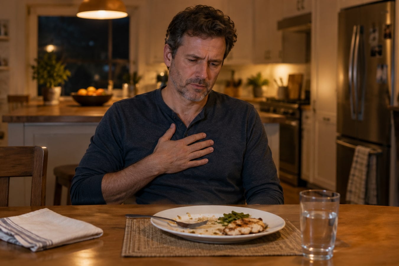 Man at a kitchen table pressing his chest, showing why heartburn is so common after late meals